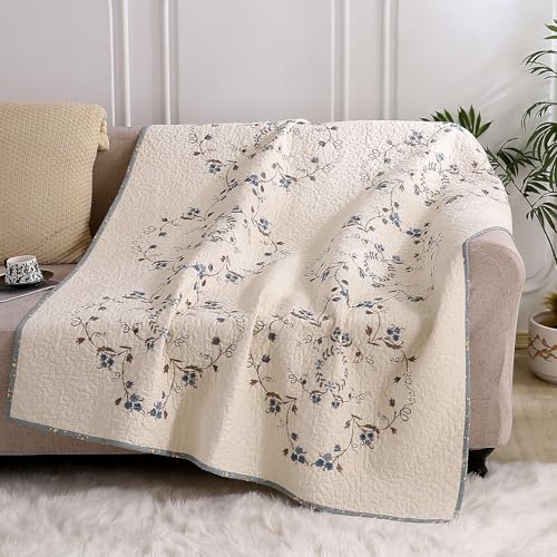 vctops 100% Cotton Quilted Throw Blanket 50x60 Inch Floral Embroidered Reversible Patchwork All Season Throw (Blue,50"x60") - color: Blue