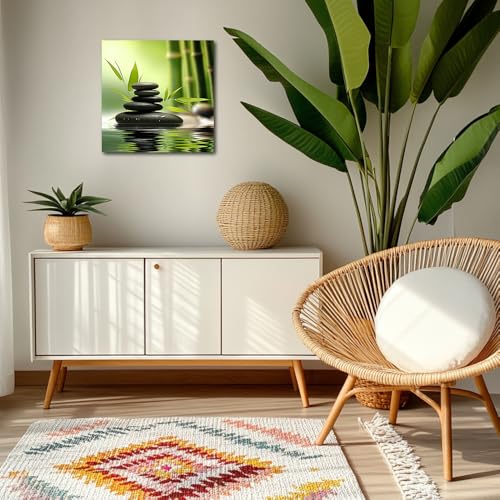 TIEHAOMAI Zen Canvas Wall Art Green Bamboo Stones Paintings Spa Stones Meditation Picture Prints for Gallery Corridor Decor（Zen-5,18x18inch (45x45cm)