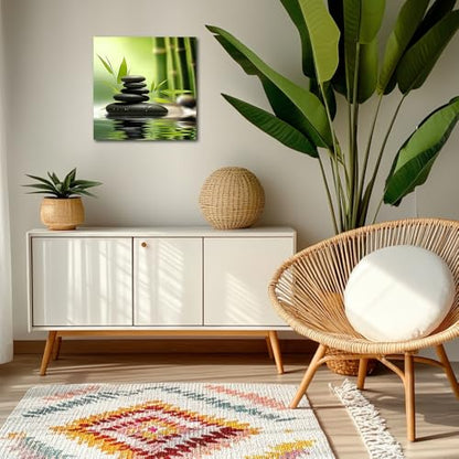 TIEHAOMAI Zen Canvas Wall Art Green Bamboo Stones Paintings Spa Stones Meditation Picture Prints for Gallery Corridor Decor（Zen-5,18x18inch (45x45cm)