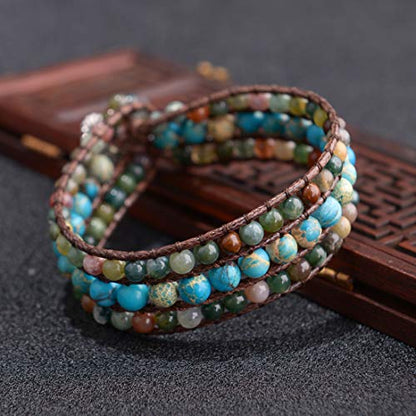 YGLINE Boho Handmade Natural Stone Bead 3 Row Wide Wrap Wrist Statment Bracelet Jewelry Collection - color: agate＆ turquoise