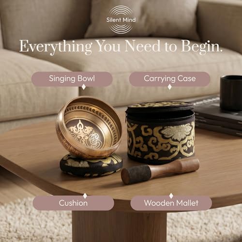 Silent Mind Tibetan Singing Bowl Set – Easy to Play & Beginner Friendly Meditation Bowl with Cushion, Mallet & Case | Stress Relief & Mindfulness | Gift-Ready - color: Gold, size: With Case