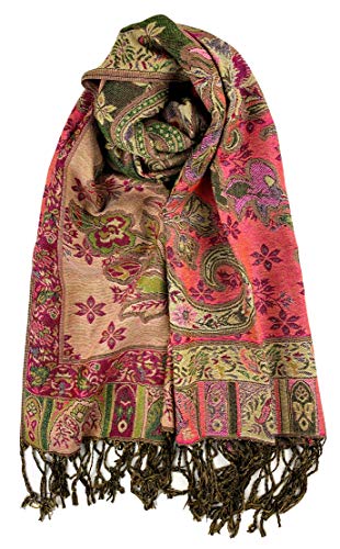 Plum Feathers Tapestry Ethnic Paisley Pattern Pashmina Shawl Scarf, Womens Pashmina Shawl Wrap with Fringes - color: Olive Pink Tropical Paisley