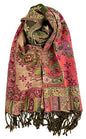Plum Feathers Tapestry Ethnic Paisley Pattern Pashmina Shawl Scarf, Womens Pashmina Shawl Wrap with Fringes - color: Olive Pink Tropical Paisley