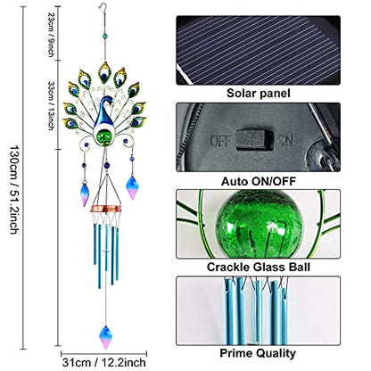 Pearlstar Solar Wind Chimes Outdoor, Gifts for Mom Women, 53.5" Large Metal Peacock Wind Chimes Light with Crackle Glass Ball, Waterproof for Garden Patio Yard Home Decor