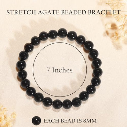 2PCS Agate Bracelet for Women Men Natural Round Beaded Agates Stone Healing Stretch Bracelets Elastic Handmade Polished Gemstone Beads Bracelet - color: 1PC Black, size: 8mm Beads