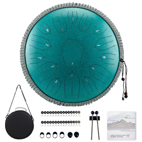 TUOKING Steel Tongue Drum 13 inch 15 Notes Rain Drum for Outside D Key with Lotus Design - Handpan Percussion Instrument for Meditation,Yoga,and Music Therapy,Gift for Beginners & Adults(Malachite) - color: A-Malachite, size: 13 Inch 15 Notes