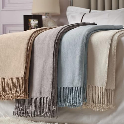 CUDDLE DREAMS Silk Throw Blanket with Hand-Knotted Fringe, Natural, Soft & Breathable (Gray) - color: Gray