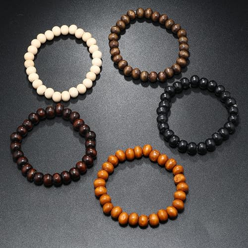 Wooden Beaded Bracelet 8mm Multi-Layered Stretch Bracelet for Men and Women Elastic Bracelet 5pcs