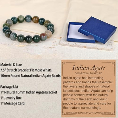 LPBeads Handmade Natural Gemstone Stretch Elastic Bracelet Healing Crystal Round Stone Beads Jewelry Gifts for Women Men - color: Indian Agate, size: 10mm