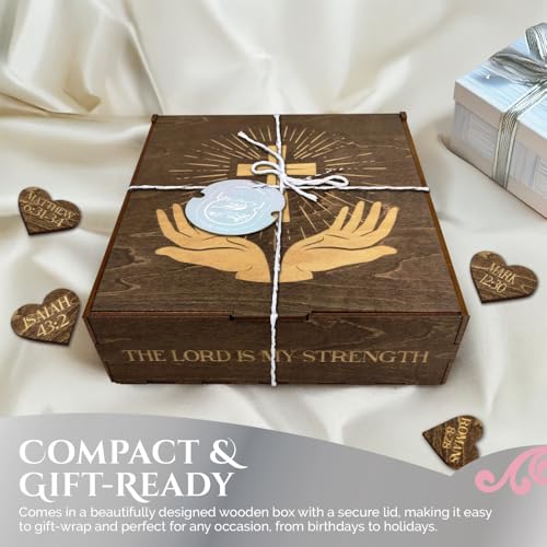 Biblical Affirmations Box | Christian Themed Engraved Wood Box with 72 Scripture Affirmation Heart Cutouts | Daily Motivational Religious Gift - style: Cross & Bible Verses