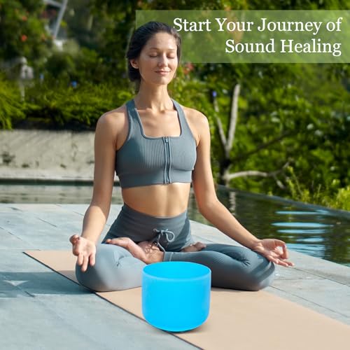 432HZ 8 Inchs G Note Blue Frosted Crystal Singing Bowl for Meditation Healing Yoga Chakra Quartz Crystal Sound Bowls with Heavy Duty Carry Case and Rubber Mallet,Suede Striker,O-rings - color: G Note Blue, size: 8 inch Throat Chakra