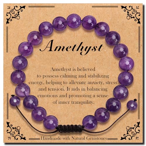 BONNY BOXX Braided Genuine Bracelet, Elegant Handcrafted Natural Gemstone Crystal Bracelet Healing Power Energy Inspirational Gifts with Card for Unisex - color: Amethyst, size: 8MM