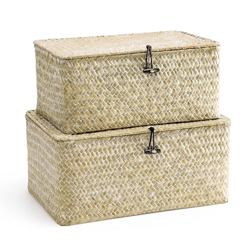 Nonam Storage Basket with Lid, Natural Seagrass Bin with Lid Set of 2, Shelf Baskets Multipurpose Container for Boho Decoration, Rectangular Household Storage Boxes for Home Organization-White - color: White-S+M