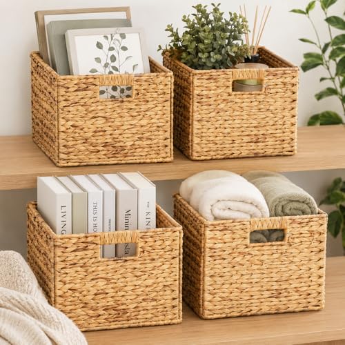 Layhit 4 Pcs Wicker Storage Basket Water Hyacinth Handwoven Baskets with Handles Foldable Woven Organizer Multipurpose Wicker Storage Bins for Bedroom Living Room(12 x 12 x 12'',Natural)