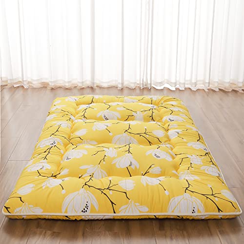 Zelladorra Japanese Floor Mattress, Futon Mattress with Portable Storage Bag and Washable Cover, Roll Up Thick Tatami Mat Suitable for Camping, Guest Room, Yellow Flower, Twin - color: Yellow Flower ( 4"th + Dust Cover ）, size: Twin (80"L x 39"W)