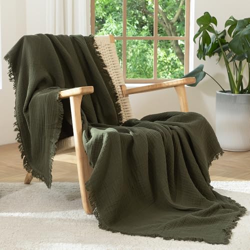 MooMee Muslin Blanket - 100% Cotton 4-Layer Gauze Throw Blanket with All-Around Fringe, Soft Breathable Lightweight Cooling Summer Blankets for Bed Couch (Olive Green,Throw XL 50" x 70") - color: Olive Green, size: Throw XL