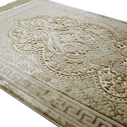 Modefa Luxury Velvet Prayer Rug with Prayer Beads | Soft Elegant Muslim Turkish Janamaz Sajada Carpet for Men and Women | Plain Solid Prayer Mat Ramadan Eid Gift - Paisley (Golden Yellow) - color: Golden Yellow