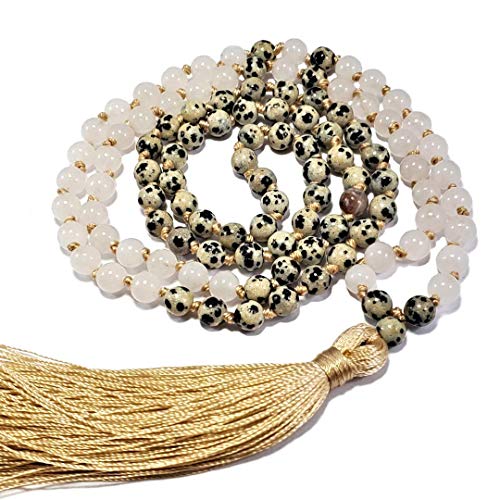 108 Bead Japa Mala Necklace – Dalmatian Jasper & Snow Quartz – Handmade Yoga Meditation Jewelry – Old Gold Silk Tassel – USA Artisan Crafted