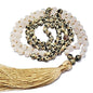 108 Bead Japa Mala Necklace – Dalmatian Jasper & Snow Quartz – Handmade Yoga Meditation Jewelry – Old Gold Silk Tassel – USA Artisan Crafted