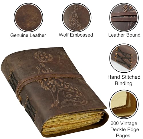 Urooj Handicraft Wolf Leather Journal Book of Shadows Notebook Handmade Daily Notepads for Men & Women Blank Paper 7x5 Inches - Best Gift for Art Sketchbook & Notebook - color: multi color'