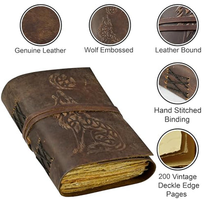 Urooj Handicraft Wolf Leather Journal Book of Shadows Notebook Handmade Daily Notepads for Men & Women Blank Paper 7x5 Inches - Best Gift for Art Sketchbook & Notebook - color: multi color'