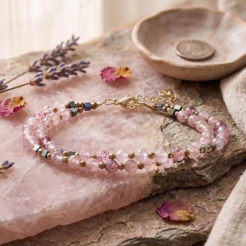 Farfume Beaded Bracelets for Women, Chakra Crystal 4mm Beads Gemstone Natural Stone Bead Spiritual Jewelry Gifts for Women - color: Strawberry Quartz-Love & Warmth
