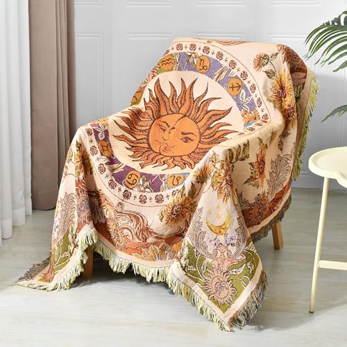 Boho Throw Blanket Reversible Cotton Bohemian Tapestry Hippie Room Decor Outdoor Blanket Double Sided (Boho Sun Yellow 50"x60") - color: Boho Sun 3, size: 50*60 inch
