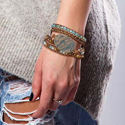 New! Dazzling Handmade Leather Wrap Bracelet Collection - style: 5 Wrap Agalmatolite