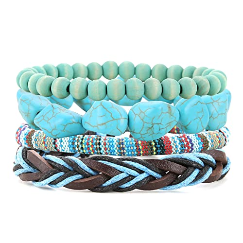 HZMAN Wrap Bracelets Men Women, Hemp Cords Wood Beads Ethnic Tribal Bracelets, Leather Wristbands - style: Turquoise