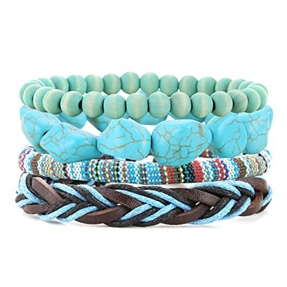 HZMAN Wrap Bracelets Men Women, Hemp Cords Wood Beads Ethnic Tribal Bracelets, Leather Wristbands - style: Turquoise