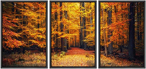 wall26 - 3 Piece Framed Canvas Wall Art - Pathway in The Autumn Park - Modern Home Art Stretched and Framed Canvas Ready to Hang - 16"x24"x3 Black - color: Artwork - 06, size: 16" x 24" x 3 Panels BLACK