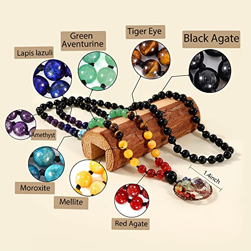 Bivei 108 Mala Beads Necklace Life Tree 7 Chakra Wrap Bracelet Real Healing Gemstone Yoga Meditation Hand Knotted Mala Prayer Bead Necklace - color: Black Agate, size: 8mm