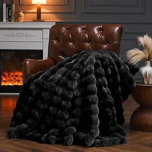 Faux Fur Throw Blanket for Couch, Fluffy Fuzzy Plush Bubble Blanket, Soft Warm Cozy Shaggy Rabbit Blanket, Luxury Decorative Gifts for Sofa Bedroom Living Room, 60x50inch (Black) - color: Black, size: 60x50inch