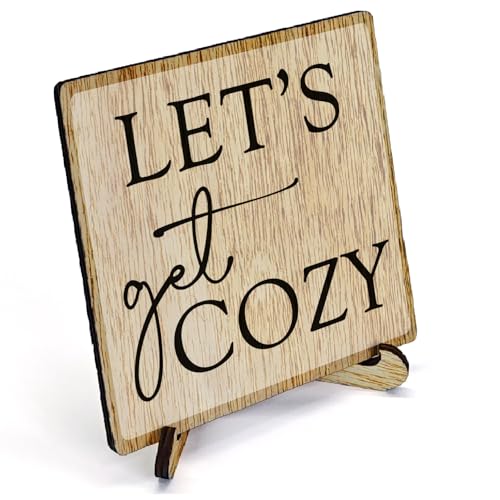 Best Cozy Wooden Decor 5"X5", Let's Get Cozy Wooden Desk Table Stand Sign Decor for Entertainment Center Living Room, Family Housewarming Stand Sign Gifts for Women Man Couple - color: Cozy Home