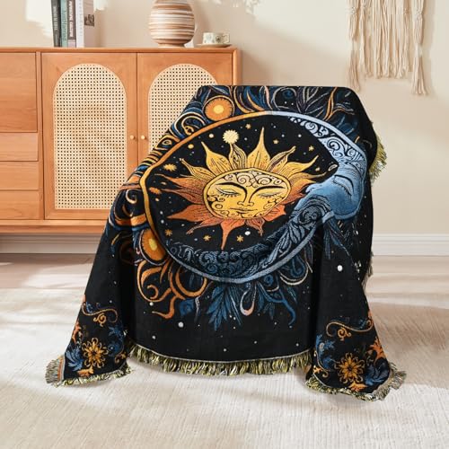 Boho Throw Blanket Reversible Cotton Bohemian Tapestry Hippie Room Decor Outdoor Blanket Double Sided (Black Sun Moon 50"x60") - color: Black Sun Moon, size: 50*60 inch