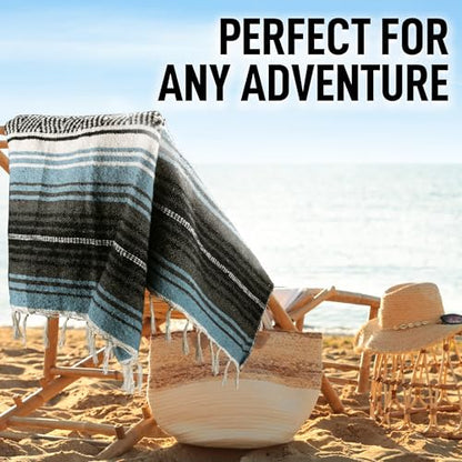 Hydration Nation Authentic Large Handwoven Mexican Blanket - Soft Yoga- Durable Serape- Lightweight Falsa, Beach, Camping, Picnic, Outdoor Blanket 70"x50" - Aqua Sky - color: Aqua Sky