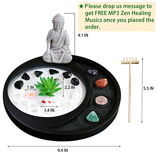 Meditation Buddha Zen Garden Accessories Japanese Desktop Rock Garden with Healing Crystal Stones Shine Altar Sand Tray Therapy Kit Decor Office Home Stress Relief Spiritual Decor Zen Healing Gifts