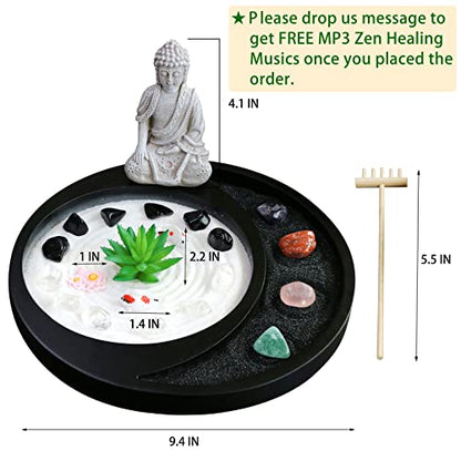 Meditation Buddha Zen Garden Accessories Japanese Desktop Rock Garden with Healing Crystal Stones Shine Altar Sand Tray Therapy Kit Decor Office Home Stress Relief Spiritual Decor Zen Healing Gifts
