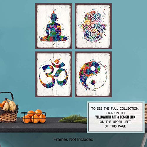 Zen Meditation Buddhist Wall Art Prints - 8x10 Spiritual Buddha, Yin Yang, Om, Hamsa Fatima Hand Photo Poster Set- Chic Room or Home Decor - Unique Gift For Yoga Fans – Unframed Pictures