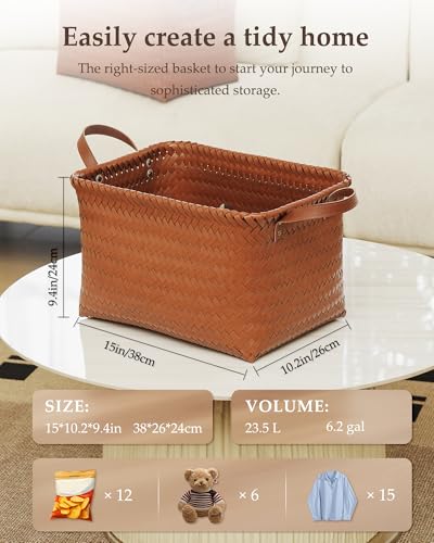 15x10x9 Woven Laundry Basket Hamper, Storage Basket for Clothes Blankets, 4-Pack Wicker Bin for Closet Shelves Bedroom Bathroom, Brown - size: 15x10.27x9.45 Inch
