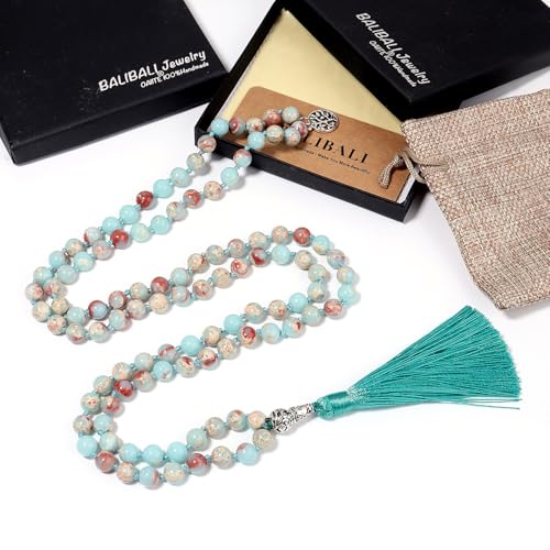 108 Mala Beads Necklace Semi-Precious Gem Stones Meditation Necklace 108 Hand Knotted Japa Mala Beaded Tassel Necklace with Tree of Life Pendant - color: Shoushan Stone