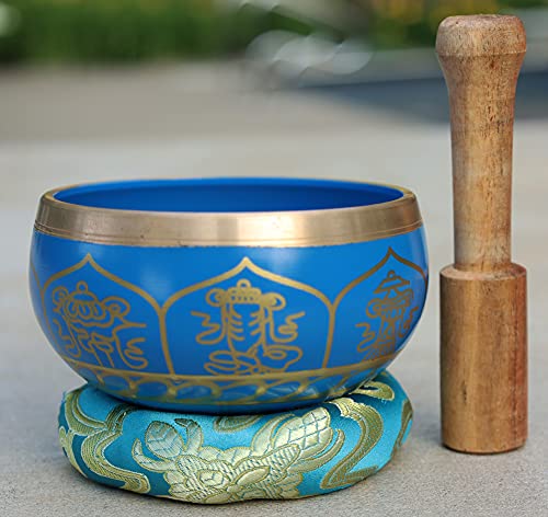 Medium ~ Tibetan 8 Lucky Symols Singing Bowl Set ~ With Mallet, Brocade Cushion & Carry Bag ~ For Meditation, Chakra Healing, Prayer, Yoga (Turquoise) - color: Turquoise