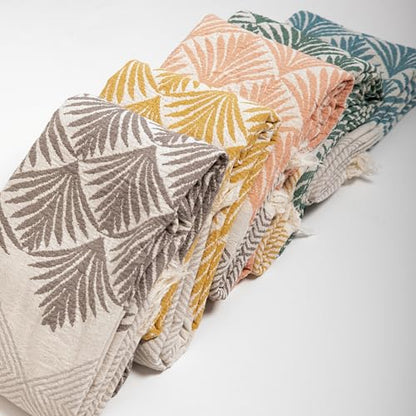 Throw Blanket, Palm Leaf and Diamond Patterns, 70x50 inches - color: Green/Orange