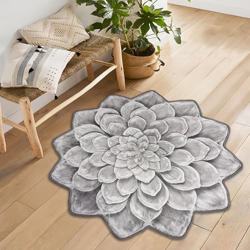 Gray Lotus Shape Rug Plush Soft Flower Carpet Nonslip Machine Washable Accent Mat for Kitchen Bathroom Bedroom Entryway Floral Home Decor 4x4 ft - color: Grey, size: 3'11" x 3'11" (Irregular)