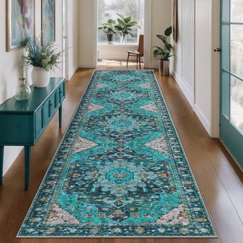 Ciicool 3x10ft Hallway Non Slip Rug, Washable Runner Rugs Soft Pet Friendly Indoor Floor Long Carpet Low Pile Rug for Bathroom Kitchen Living Room Bedside Entryway - color: Teal/Multi, size: 3' x 10' (Runner)