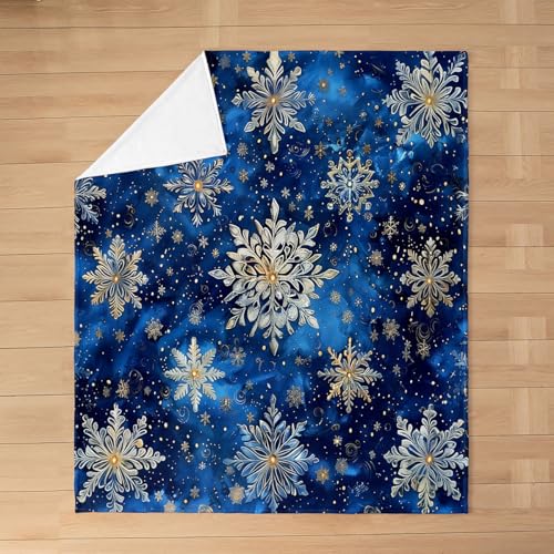 Snowflake Flannel Blanket Geometric Snowflake Fleece Throw Blanket Lightweight Soft Cozy Luxury Cold Winter Fuzzy Blanket Blue Gold Bed Blanket for Sofa Bedroom All Season(Baby 30"x40") - color: Blue Gold, size: Baby