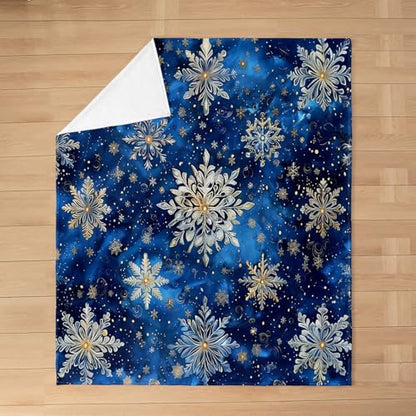 Snowflake Flannel Fleece Blanket Throw Size,Super Soft Cozy Geometric Snowflake Plush Blankets,Lightweight Microfiber Cold Winter Throw Blanket for Couch Sofa Bed,50x60 Inches - color: Blue Gold, size: Throw