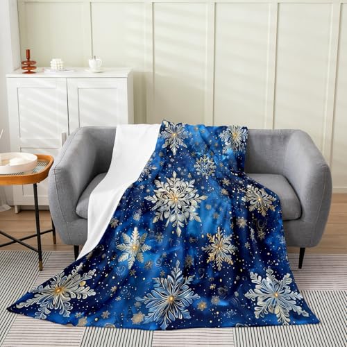Snowflake Flannel Blanket for Boys Girls Kids Super Soft Warm Geometric Snowflake Fleece Blanket Cold Winter Throw Blankets Blue Gold Bed Blanket Gifts for Teens Women(Queen 90"x90") - color: Blue Gold, size: Queen