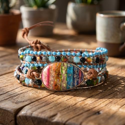 YGLINE Boho Handmade Natural Stone Wrap Bracelets Jasper Crystal Beads Bracelet Jewelry - color: multi color