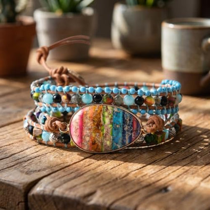 YGLINE Boho Handmade Natural Stone Wrap Bracelets Jasper Crystal Beads Bracelet Jewelry - color: multi color
